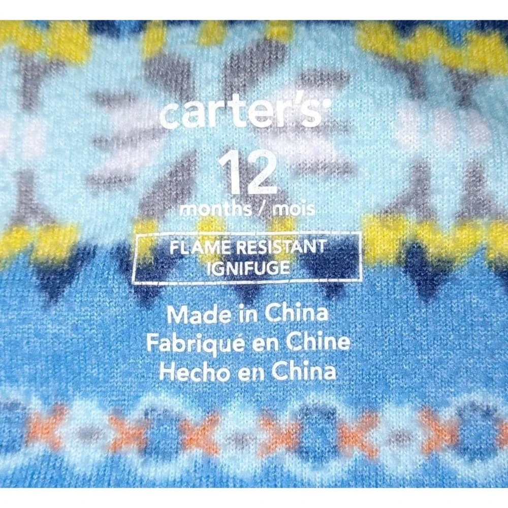 Carter's Unisex 12M Blue Patterned Fleece Zipper Long Sleeves Footie Pajama